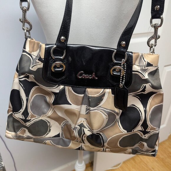 Coach Signature Satin Double Handle Black/Grey/Tan - Picture 1 of 7